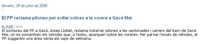 Notícia publicada al diari EL PUNT sobre la proposta del PPC de Gavà proposant un sistema de zona verda a Gavà Mar i tornant a exigir la instal·lació de pilones per pal·liar el caos estiuenc a Gavà Mar (29 Juliol de 2008)